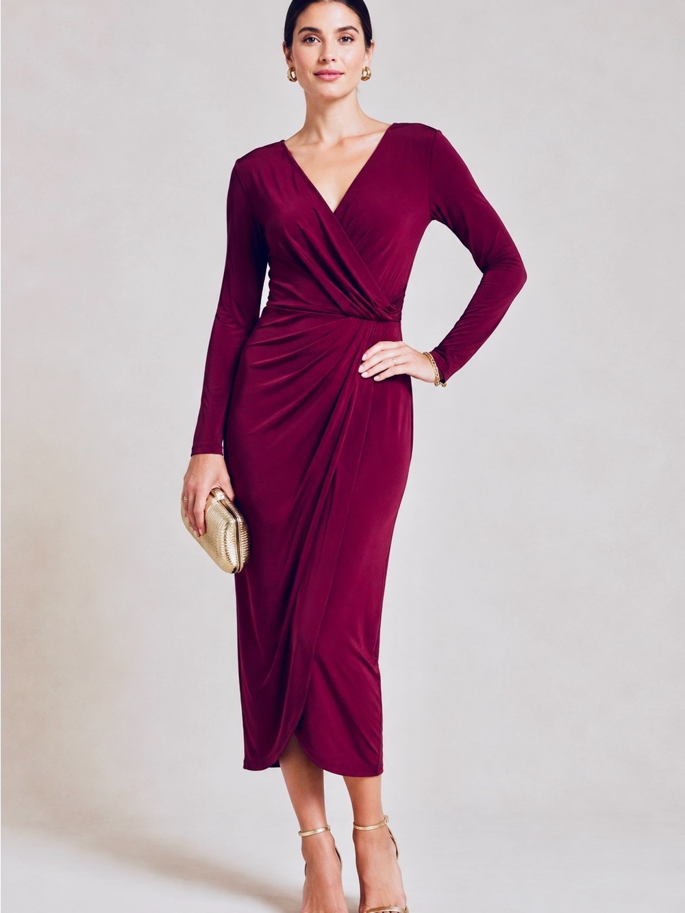 Connected Apparel Burgundy Ruched Wrap Midi Dress Long Sleeve Size 14 - Picture 3 of 6